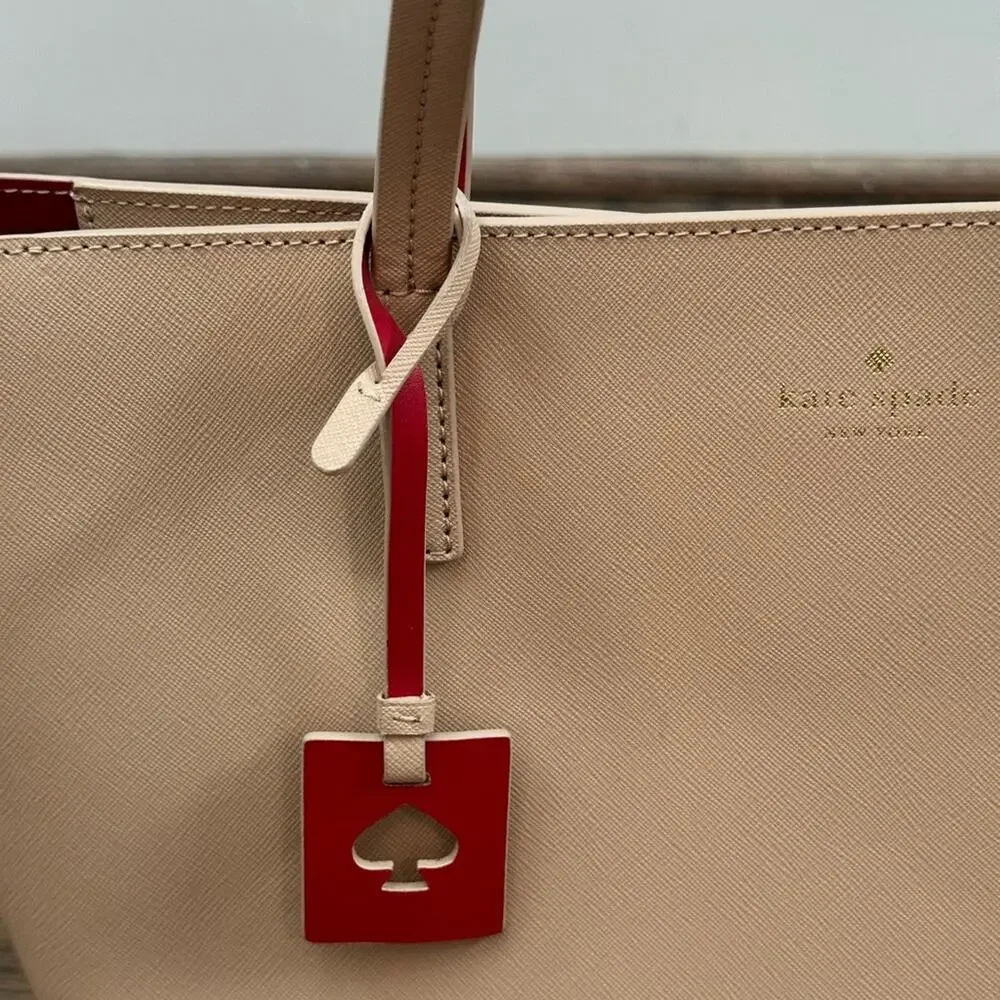 Kate Spade Lida Scotts Place Cream Taupe Leather Tote Bag Red Interior
